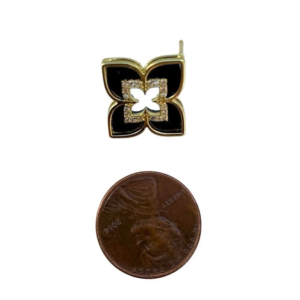 Black Enamel Quatrefoil Flower Stud Earrings with Crystal Accents